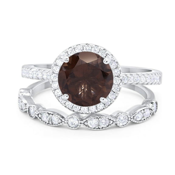 Natural Chocolate Smoky Quartz Size-5 Two Piece Round Half Eternity Band Vintage Style Halo CZ Wedding Set Bridal Engagement Ring 925 Sterling Silver Gifts For Her