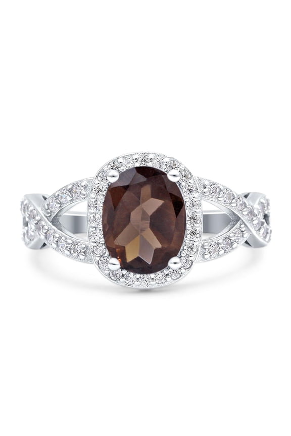 Natural Chocolate Smoky Quartz Size-9 Oval Vintage Rings Infinity Twisted Shank Halo CZ Wedding Engagement Ring For Women 925 Sterling Silver Gifts For Her