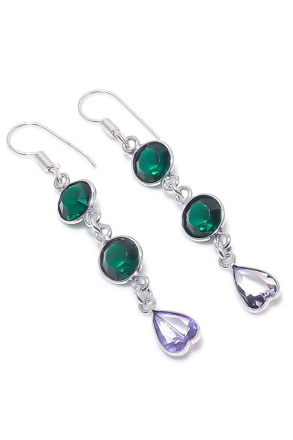 Natural Chrome Diopside,Amethyst Gemstone 925 Sterling Silver Earring 2.44"