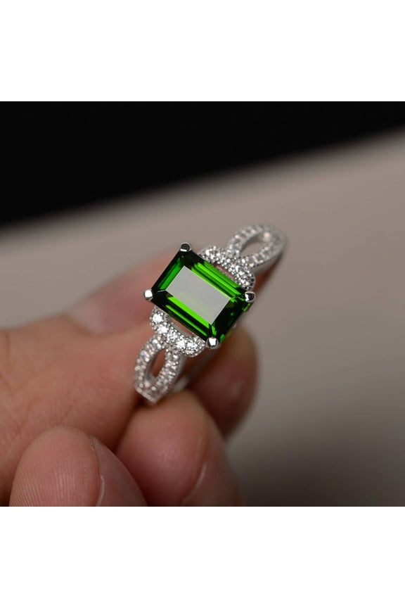 Natural Chrome Diopside Ring Green Gemstone Ring Silver Engagement Rings