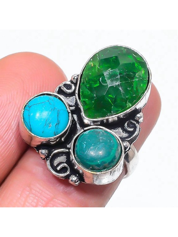Natural Chrome Diopside, Turquoise 925 Sterling Silver Ring Size 6.5