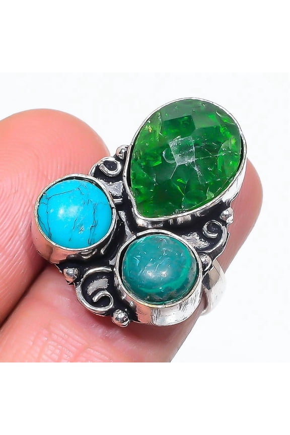 Natural Chrome Diopside, Turquoise 925 Sterling Silver Ring Size 6.5