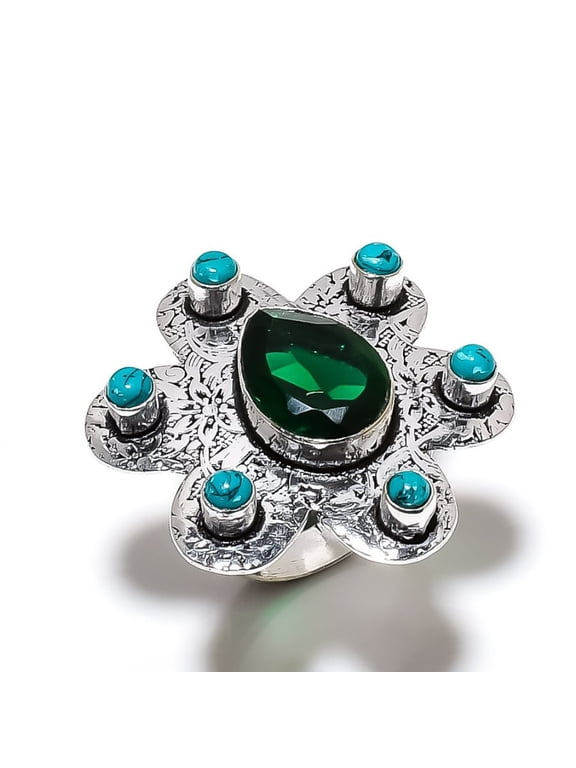 Natural Chrome Diopside, Turquoise 925 Sterling Silver Ring Size 9.5