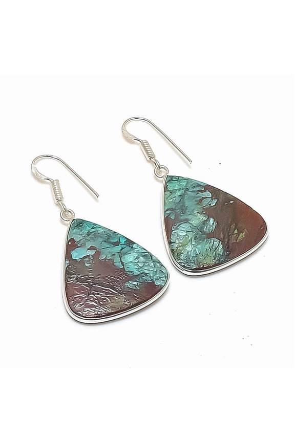 Natural Chrysocolla Gemstone 925 Sterling Silver Jewelry Earring 1.77"