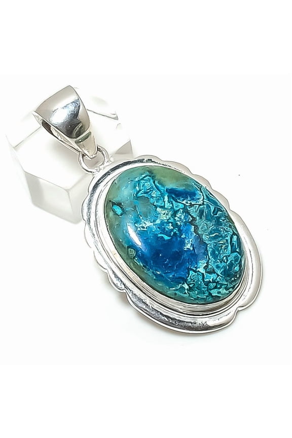 Natural Chrysocolla Gemstone 925 Sterling Silver Jewelry Pendant 2.01"