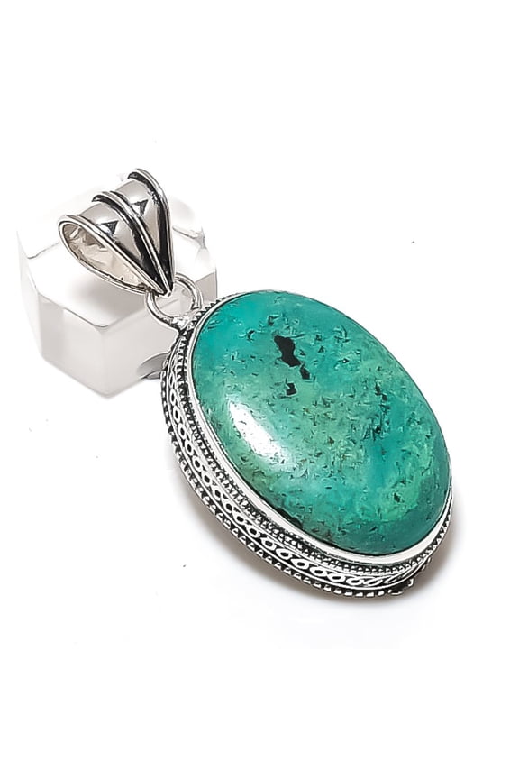 Natural Chrysocolla Gemstone 925 Sterling Silver Jewelry Pendant 2.13"