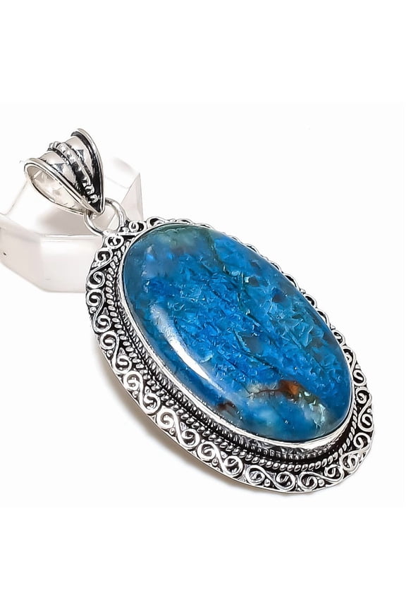 Natural Chrysocolla Gemstone 925 Sterling Silver Jewelry Pendant 2.56"