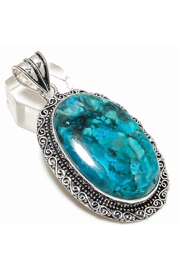 Natural Chrysocolla Gemstone 925 Sterling Silver Jewelry Pendant 2.56"