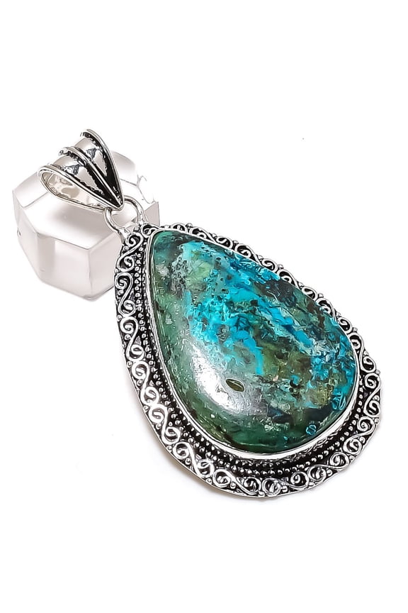 Natural Chrysocolla Gemstone 925 Sterling Silver Jewelry Pendant 2.60"