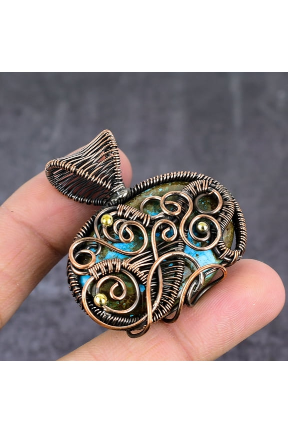 Natural Chrysocolla Gemstone Copper Wire Wrap Jewelry Pendant 1.89"
