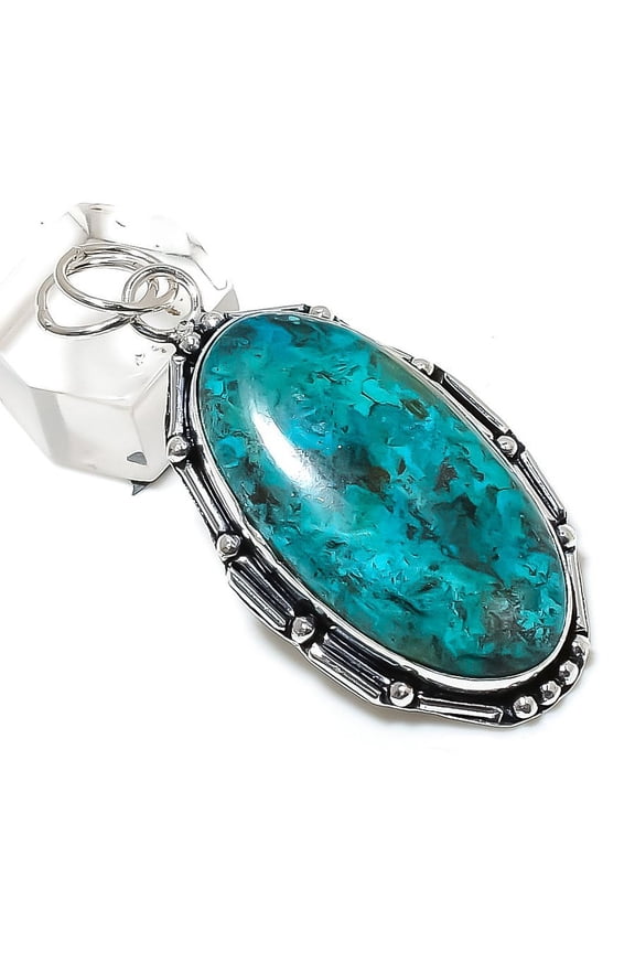 Natural Chrysocolla Gemstone Handmade 925 Sterling Silver Pendant 2.36"