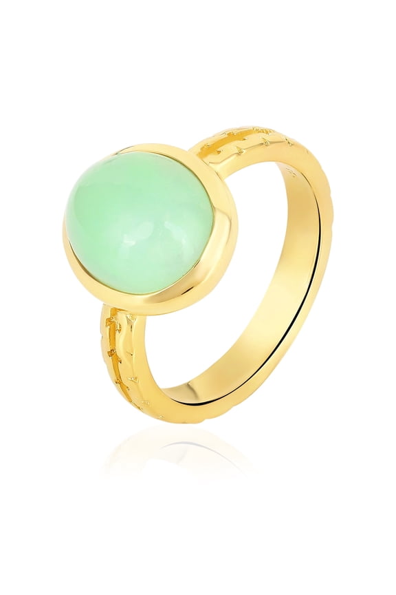 Natural Chrysoprase Cabochon Solitaire Ring for Women in 925 Sterling Silver with Yellow Gold Plating Handcrafted Gemstone Jewelry Gift (US Size 6.5)