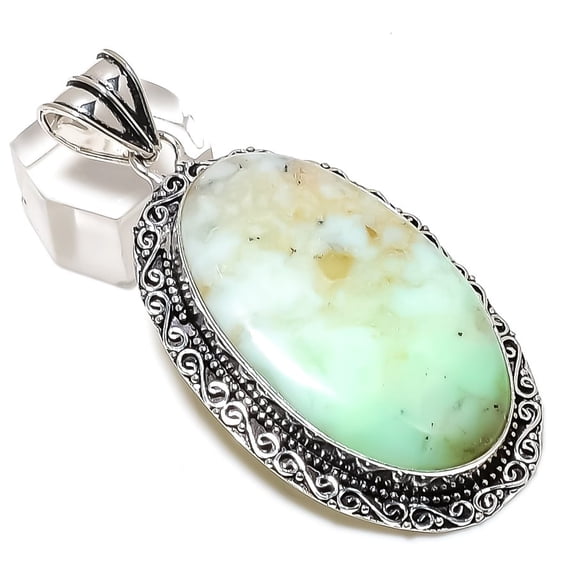 Natural Chrysoprase Gemstone 925 Sterling Silver Jewelry Pendant 2.64"