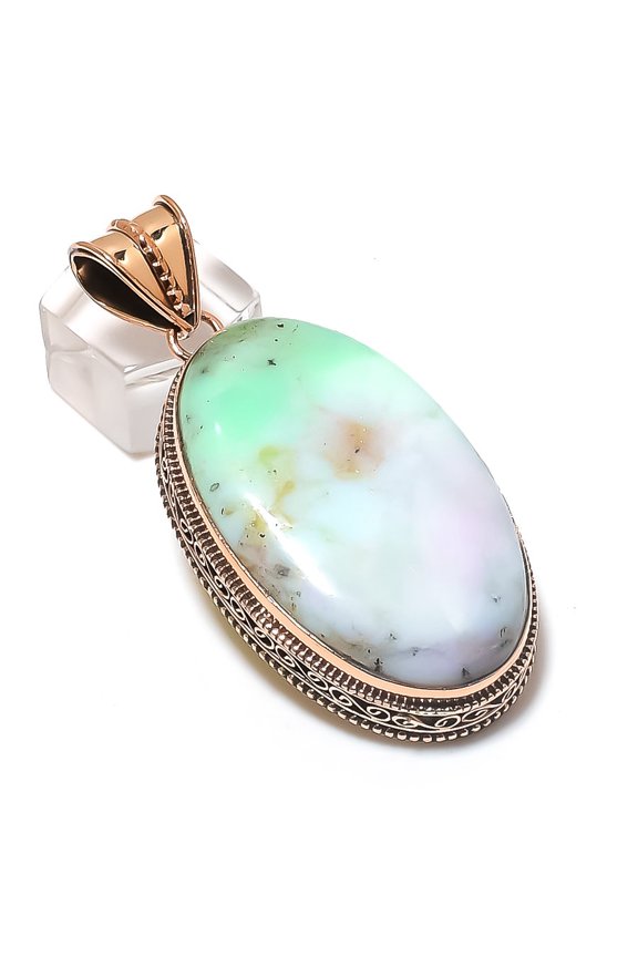 Natural Chrysoprase Gemstone Handmade Copper Jewelry Pendant 2.56"