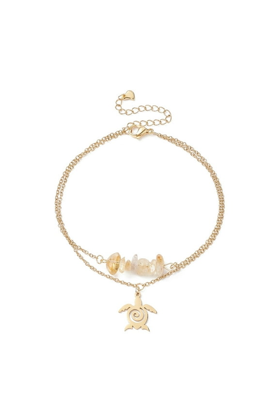 Natural Citrine Chips Beaded & Turtle Charms Double Layer Multi-strand Bracelet Stainless Steel Jewelry for Women Golden 9-3/8 inch(23.7cm)