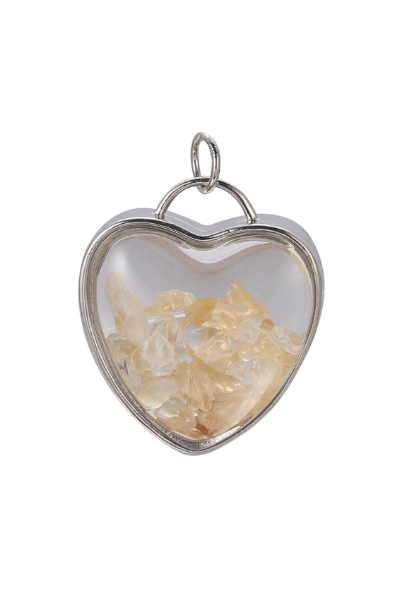 Natural Citrine Chips Pendants with Platinum Tone Brass Glass Findings Heart 37x32x18~18.5mm Hole: 6mm