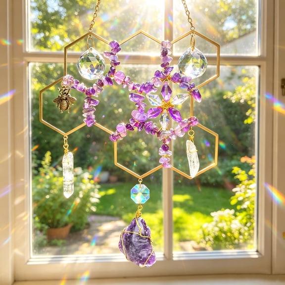 Natural Citrine Crystal Beehive Suncatcher, faceted crystal cast colorful rainbow light, premium metal frame ensure stable long-term use, boho style pendant decorate room window spiritual ornament