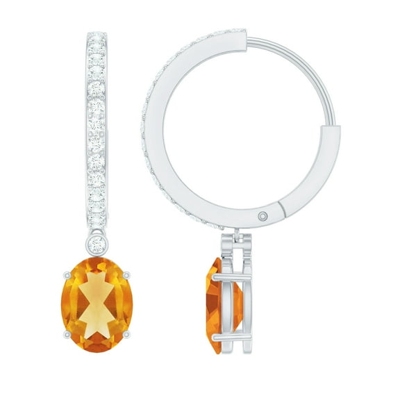Rosec Jewels Natural Citrine Drop Earrings with Diamond (6X8 mm Oval Shaped Citrine), 10K White Gold