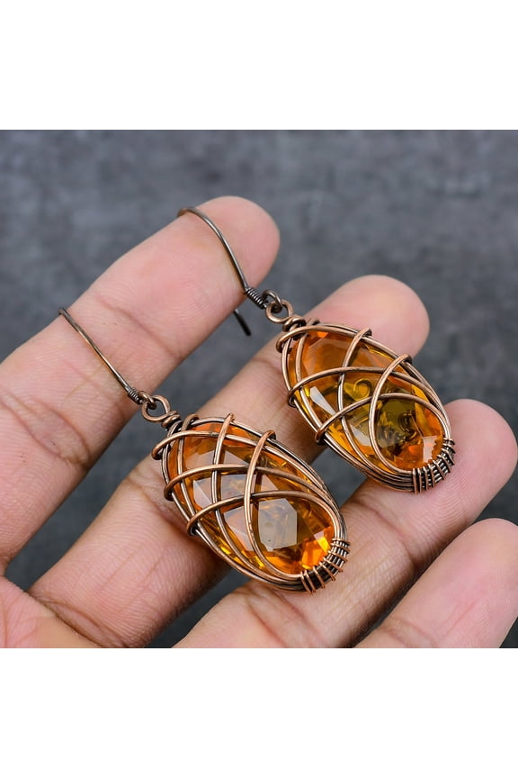 Natural Citrine Gemstone Copper Wire Wrap Gift Jewelry Earring 2.60"