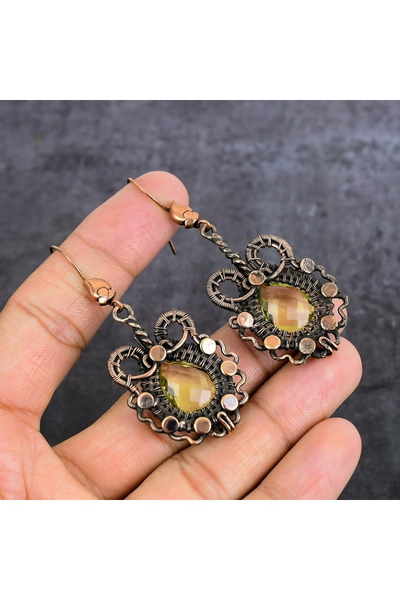 Natural Citrine Gemstone Handmade Copper Wire Wrap Jewelry Earring 2.84"