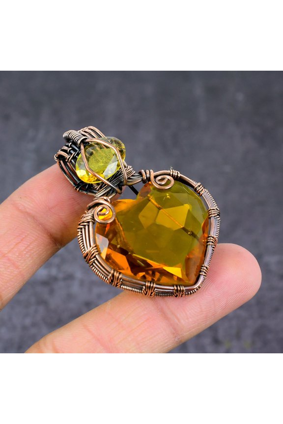 Natural Citrine Gemstone Handmade Copper Wire Wrap Pendant Jewelry 2.05"