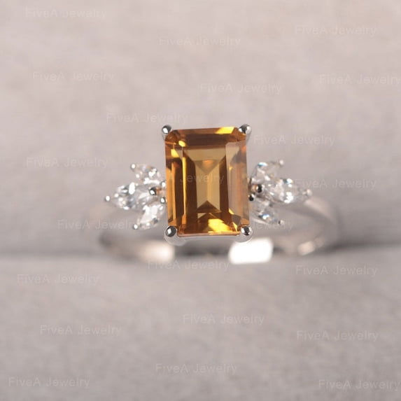 Natural Citrine Ring Rectangle Statement Ring Solitaire Wings Ring Sliver Personalized Ring