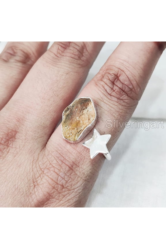 Natural Citrine Ring, Rough Citrine Adjustable Ring, November Birthstone, Star Ring, 925 Sterling Silver, Womens Ring, Christmas, Thanksgiving, Handmade, Statement Jewelry, Rough Gemstone Jewelry