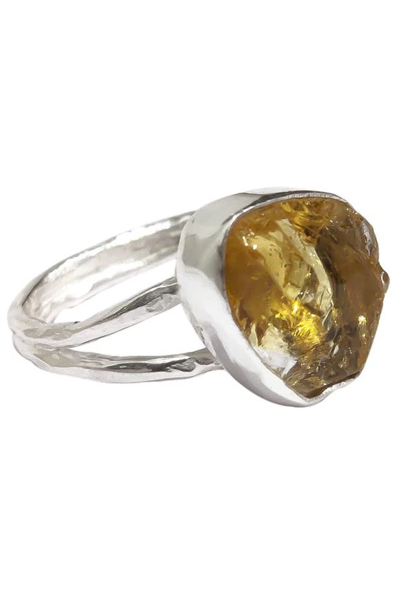 Natural Citrine Ring, Rough Citrine Gemstone Ring, November Birthstone, Hammered, 925 Sterling Silver, Womens Ring, Christmas, Thanksgiving, Handmade, Statement Jewelry, Rough Gemstone Jewelry