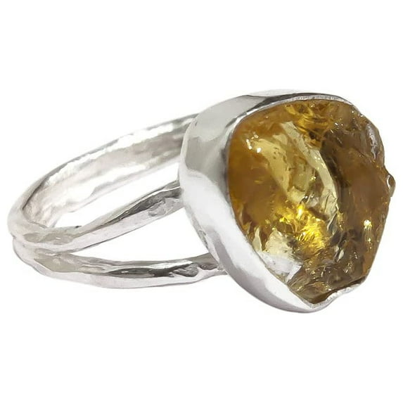 Natural Citrine Ring, Rough Citrine Gemstone Ring, November Birthstone, Hammered, 925 Sterling Silver, Womens Ring, Christmas, Thanksgiving, Handmade, Statement Jewelry, Rough Gemstone Jewelry