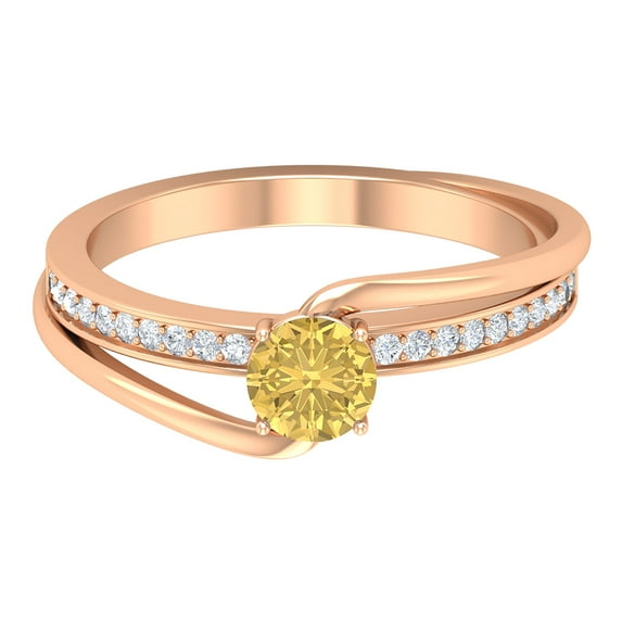 Rosec Jewels Natural Citrine Solitaire Bypass Ring with Diamond Accent (0.75 CT, AAA Quality, November Birthstone), 10K Rose Gold, US 3.00