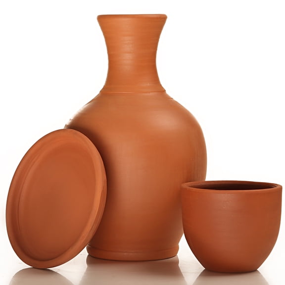 Natural Clay Water Pitcher, Unglazed Terracotta Carafe, 1.6 Qt, Brown