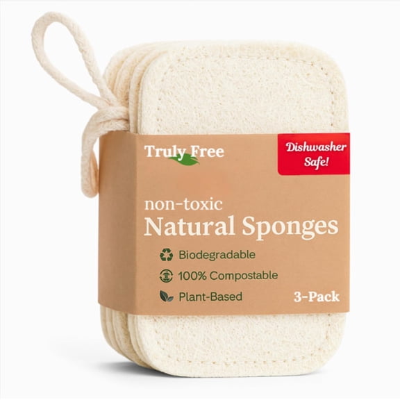 Natural Cleaning Sponges, 100% Organic Luffa Dish Scrubber, Plant-Based Compostable Kitchen Dishwasher Sponge, Cleans Sink, Grout & Tile, Non Scratch Scouring Pad - 4.4 x 2.8 in, Pack of 3