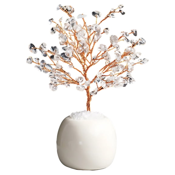 Natural Clear Crystal Tree, Hand-Woven Tree of Life with Ceramic Base, 5.5-5.9 in / 14-15 cm Tabletop Ornament, Metal Trunk, Crystal Stone for Good Luck, Office Decor, Exquisite Gift