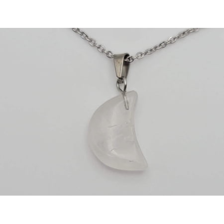 Natural Clear Quartz Handmade Moon Pendant Necklace Healing Crystal Silver Tone