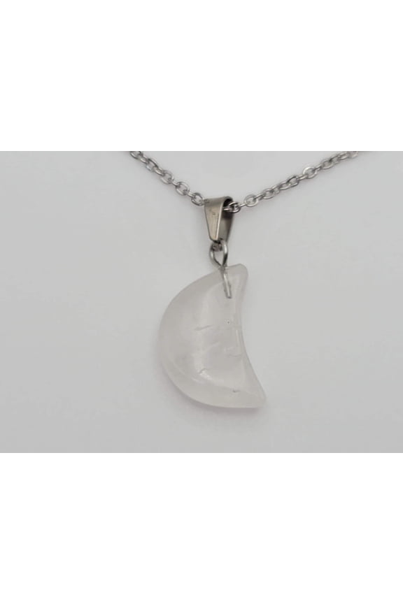 Natural Clear Quartz Handmade Moon Pendant Necklace Healing Crystal Silver Tone