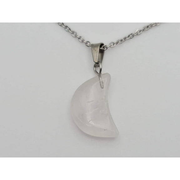 Natural Clear Quartz Handmade Moon Pendant Necklace Healing Crystal Silver Tone