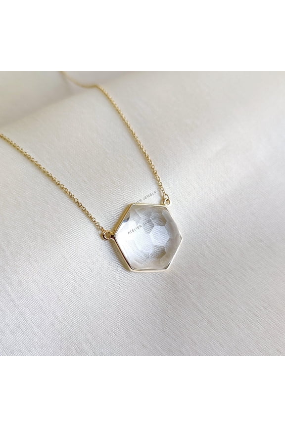Natural Clear Quartz Pendant, 14K Solid Yellow Gold Pendant, Clear Quartz Hexagon Pendant, April Birthstone Pendant, Clear Quartz Jewelry