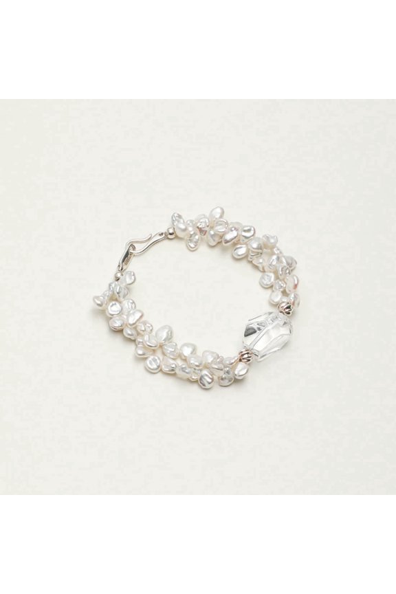 Natural Clear Quartz White Pearl Beaded Bracelet Sterling Silver Crystal Jewelry