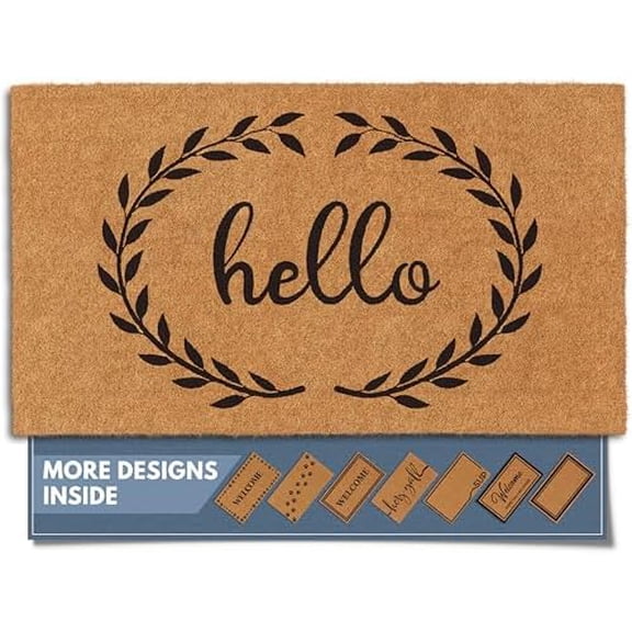 Natural Coco Coir Heavy Duty Backing Doormat - Large Cute Non-Slip Front Door Welcome Mat for Outside Entrance or Porch Entry, Brown (17x30, Hello Wreath)