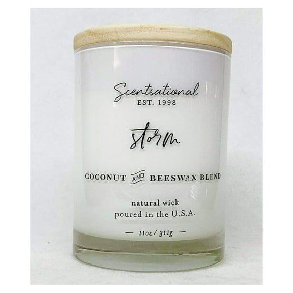 Natural Coconut + Beeswax Scented Candle Storm (in Cursive) in Glossy White Jar with Wooden Lid, 11 Oz.