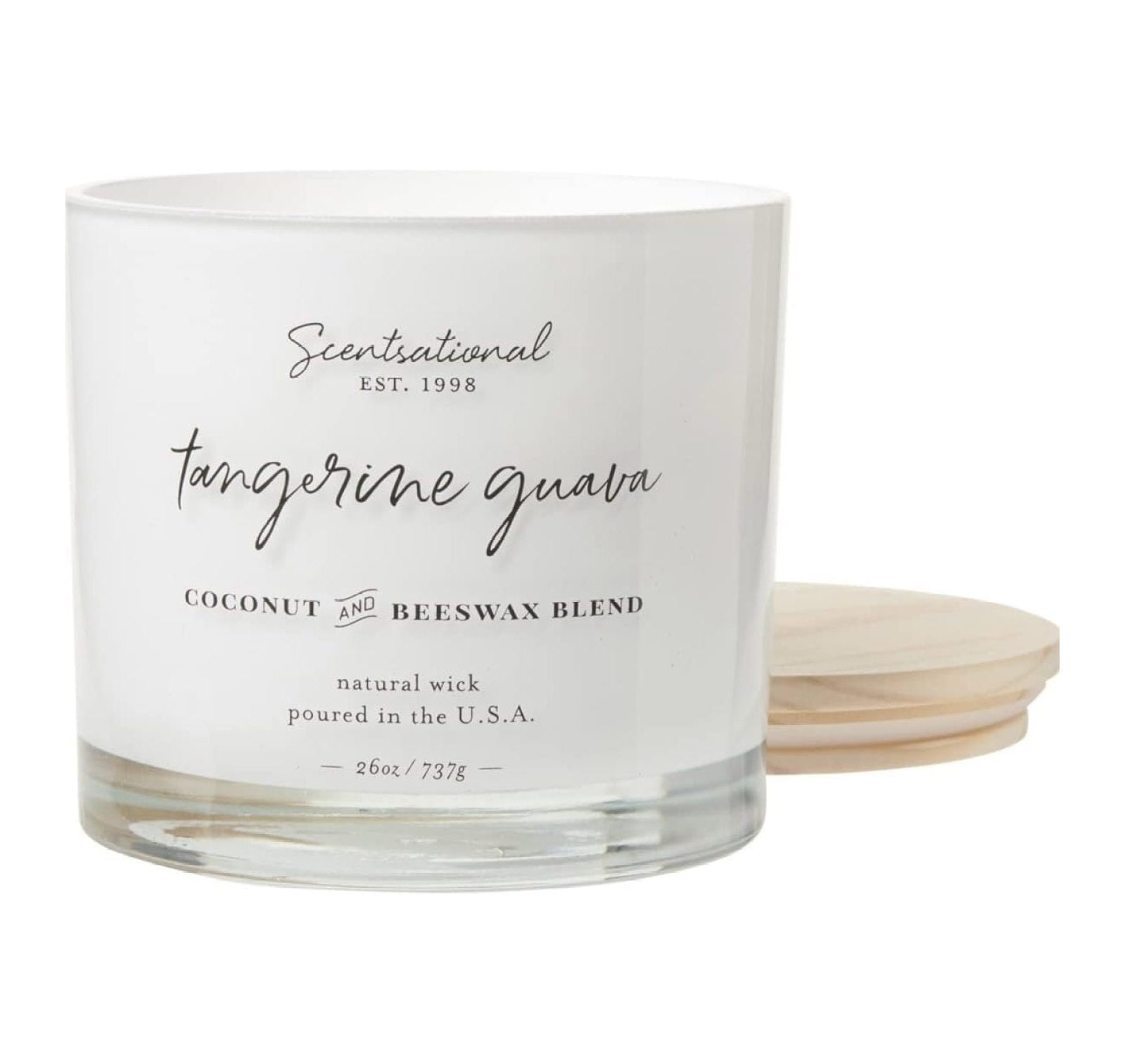 Natural Coconut + Beeswax Scented Candle Tangerine Guava White Jar with Wooden Lid, 26 Oz.