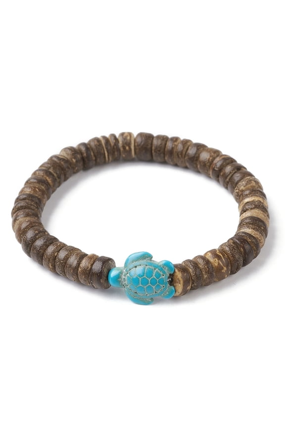 Natural Coconut Disc Turquoise Turtle Beaded Stretch Bracelet Inner Diameter: 2-1/8 inch(5.5cm)