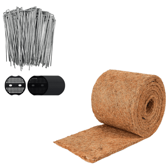 Natural Coconut Mulch Roll for Landscaping 118" L x 7.8 W Garden Edging Border Mat with 50 Pcs U-Shaped Steel Stakes, Natural Looking Permanent Garden Mulch Barrier for Plants Vegetables & Flowers