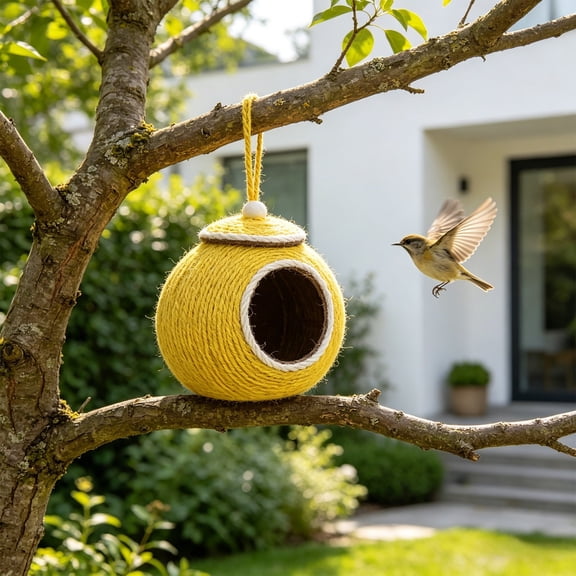 Natural Coconut Shell Bird Hut – Hanging Warm Hideout for Cockatiel, Parakeet, Budgie, Lovebird, Handwoven Rope, Cozy Nesting Shelter for Small Parrots