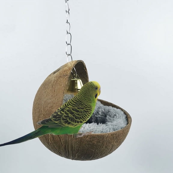 Natural Coconut Shell Bird Nest House Bed with Warm Pad for Parrot Parakeet Hamster Rat Mice Chinchilla Cage Toy Nesting Box
