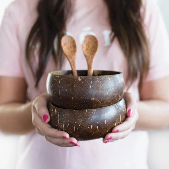 Natural Coconut Shell Bowl and Spoon Set, Exotic Tropical Style Tableware, Eco-friendly Dishware for Salad Dessert Daily Household Food Serving Arrangement
