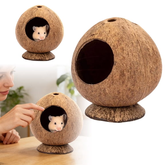 Natural Coconut Shell Hamster Hideout, Small Animal Nest Bed with Stable Base, Breathable Pet Hut for Hamsters, Gerbils, Guinea Pigs, Provides Privacy & Chewing Fun