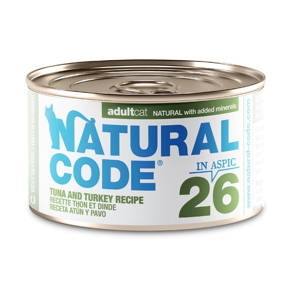Natural Code - Wet Cat Food, Limited Ingredient Cat Food, High-Protein, Non-GMO, No Artificial Additives, Made In Italy, Tuna & Turkey in Aspic for Adult Cats (3 oz, 24 Pack)