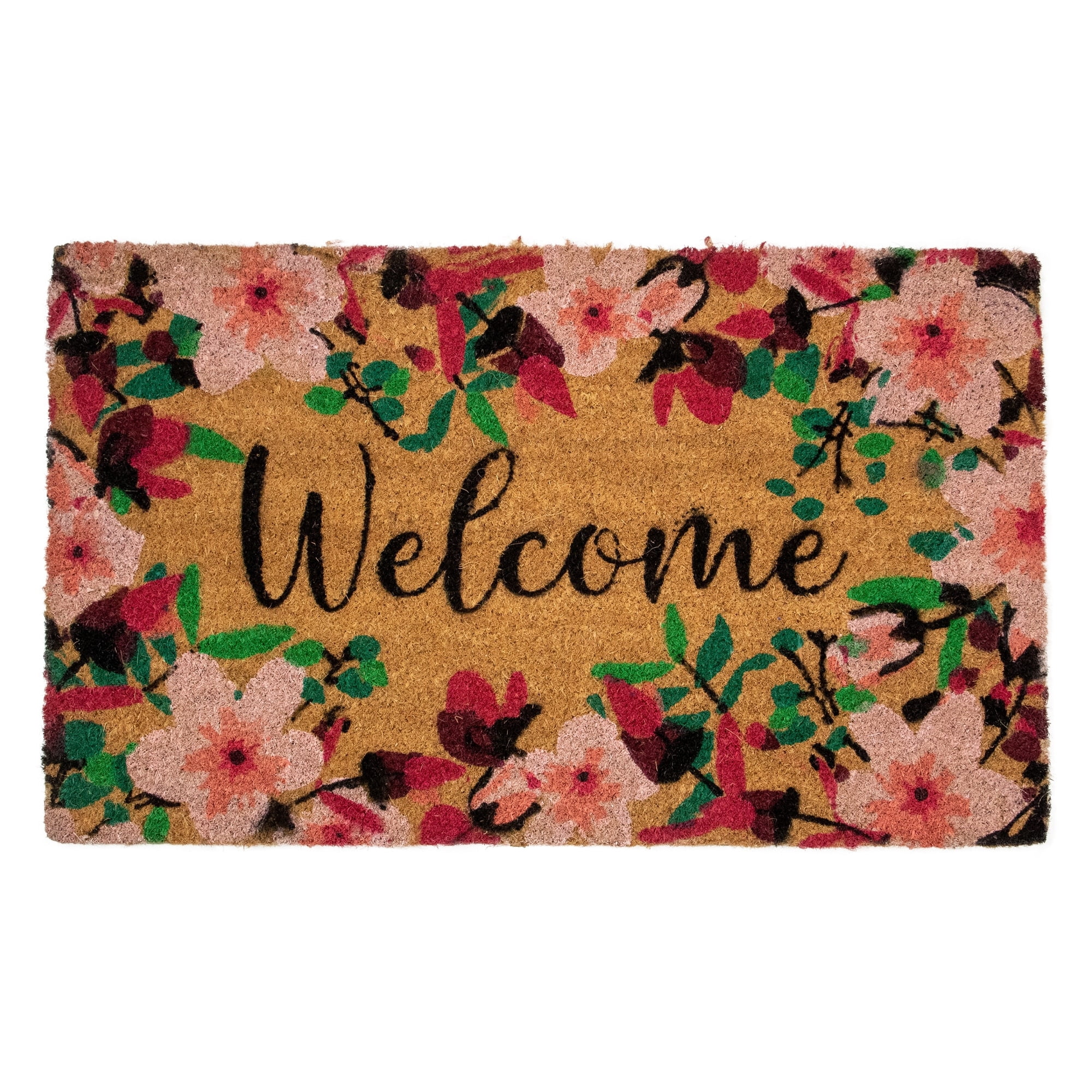 Natural Coir Blossoming Floral Outdoor Rectangular "Welcome" Doormat - 30