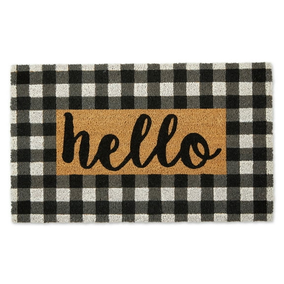 Natural Coir Decorative Checkered Doormat with PVC Backing, 17x29", Hello